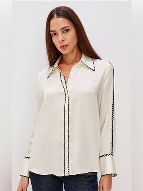 Rails Aloise Embroidered Scalloped-Trim Ivory and Black 100% Silk Blouse XL